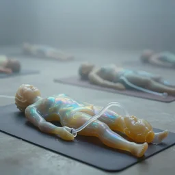 cinestill macro of iridiscent oil slick corpses connected by a transparent pipe to a wax form relaxing on yoga mat, faded, iridiscent gradient, fog, depth of field, blur, very detailed, glitch, by nadav kander and hans bellmer, 8 k, ultrarealistic, ultradetailed, sad atmosphere, cinematic, 3 5 mm lens, f / 3 2