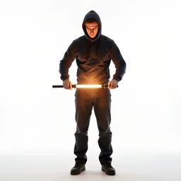 hooded glassblower at work, photorealistic portrait photography, full body, standing, isolated on a pure white background, centered, whole figure in frame, sharp focus, studio lighting