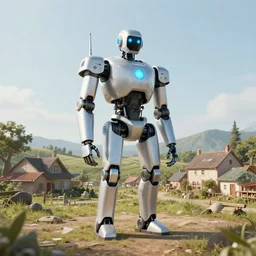 Amazing photorealistic digital concept art of a guardian robot in a rural town, by James Clyne and Joseph Cross. Cinematic. LED lighting. Wide angle. Clean lines. Balanced composition.