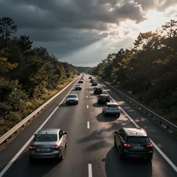 photorealistic shot of cars on the freeway, simon stalenhag,