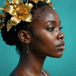 hyperrealistic precisionist cinematic profile very expressive! black oshun goddess, in water! up to shoulders, mirror dripping droplet!, gold flowers, highly detailed face, digital art masterpiece, smooth eric zener cam de leon, dramatic pearlescent turquoise light on one side, close - up uhd 8 k, tilt shift