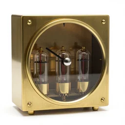 brass nixie tube clock, commercial catalog photo, isolated on a pure white background, centered, entire object in frame, sharp focus, soft studio lighting