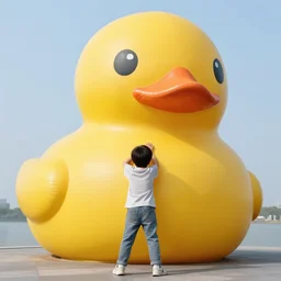 a boy terrified of a huge rubber duck realistic