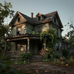 old, ruined, abandoned American house, Victorian style, seen from outside and overgrown by plants. First light of day falls upon the building. Scary, horror, ghost story. Dirt, leaves on ground. Octane render. Substance painter. Zbrush. Trending on artstation. 8K. Highly detailed.