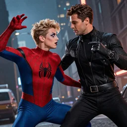 transgender Spider-Man with makeup and lipstick fighting supervillain George Michael, ps5 game, cinematic, cut-scene