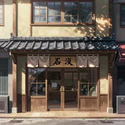 front view of a japanese storefront in the anime film, trending on pixiv