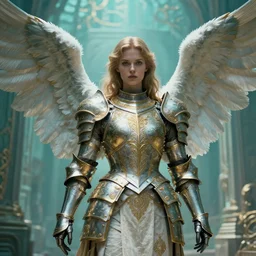 one angel, big wings, low key light, full plate armor with cloth, f 1 6, bokeh, extreme close up portrait, gentle, female, ornate city ruins, landscape, d & d, fantasy, intricate, elegant, highly detailed, teal white gold color palette, roger deakins, sharp focus, concept art, greg rutkowski and alphonse mucha