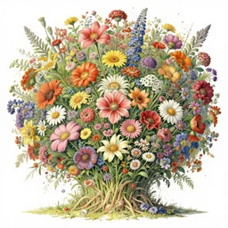 highly detailed illustration of an explosion of all known species of flowers by moebius, 4 k resolution, realistic colors