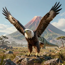 a hybrid between an eagle and a brachiosaurus in pre historic earth, volcano in the background, photography, award winning, national geographic channel, discovery channel, wildlife, 8 k