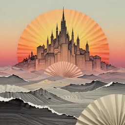 Fntasy citadel skyline sitting atop circular paper fan sunset structures fused with undulating surreal torn up paper landscape fused with geo strata, the citadel atop, black fine lines on faded colours, stanley donwood, victo ngai