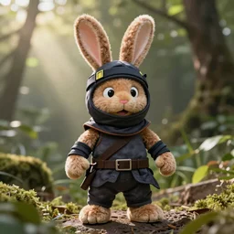 a photo of a little brown bunny muppet plush wearing a cool ninja outfit and posed out in nature, photorealistic, photography, ambient occlusion, god rays, rtx, national geographic
