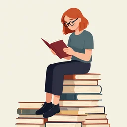 madelaine petsch as a woman with red hair and glasses, sits on top of a tall pile of books, reading. clear, detailed face. clean cel shaded vector art. by lois van baarle, artgerm, helen huang, by makoto shinkai and ilya kuvshinov, rossdraws, illustration, art by ilya kuvshinov