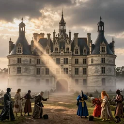 Versailles castle, high detail, crepuscular ray, light through the mist, dramatic lighting, by Grant Wood, by Bekzinsky, by Salvador Dali, by Antoni Gaudi, by Maxfield Parrish, by Nicholas Roerich, by H.R. Giger