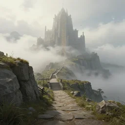 Cliffside paths leading up to a giant foggy sanctuary, fantasy art