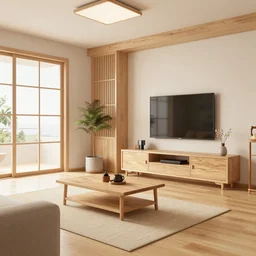 a man in the japanese style living room, bright, light wood, clean, cozy, 3 d render
