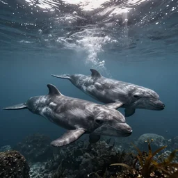hyperrealistic underwater photography, panoramic picture of an ocean floor with some baluga whales. focus on the whales. the whales are anatomically correct and highly detailed. lots of bubbles. seaweed and some rocks. gloomy scattered light entering from the water surface, trending on artstation, hq, 8 k