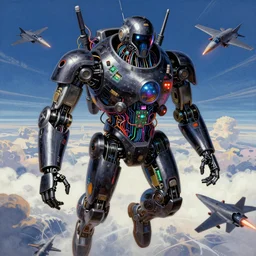 dark hyper detailed suspended robot fighter pilot wearing shiny parts body made from circuits connected to the mother board with glowing wires and colored fibers and electronic components. background : jet fighter battle. masterpiece pattern jean giraud digital art painting beautiful _ psychedelic _ acid artgerm dona to giancola tom bagshaw
