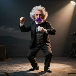 Friedrich Nietzsche recording a tiktok dance video, purple mustache,  dramatic lighting, photorealistic