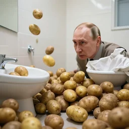 the potatoes are invading putin bathroom, potatoes atttack putin's bathroom, realistic, hdr, clear image, hdd, dynamic lighting, rtx on,