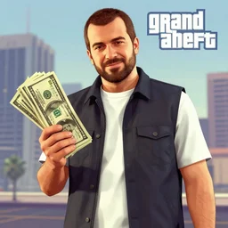 mrbeast as a grand theft auto 5 character cover game art, holding money, city background n 4