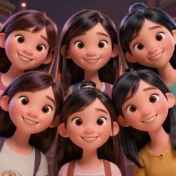 a painting of cute Asian girls smiling, in the style of Pixar animation, low angle view, 16mm lens, award winning, hyper detailed, dramatic lighting, artstation, octane renderer, unreal engine