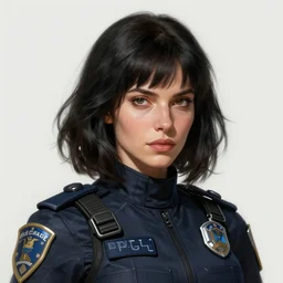Portrait of a woman by Greg Rutkowski, she is about 30 years old, black wavy hair with bangs, her features are a mix between French, Turkish and Russian, she is wearing a futuristic police gear, highly detailed portrait, digital painting, artstation, concept art, smooth, sharp foccus ilustration, Artstation HQ.
