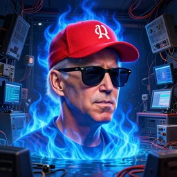 character art by ruan jia, joe biden wearing wayfarer glasses and red baseball hat at a music concert, on blue fire, blue fire powers, room filled with water, wiring, electronics, computer equipment, monitors