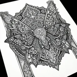 a dark ancient complex arabic ornaments with mandala and moth wings texture, full of details and delicate, high - quality fabric texture white paper + tarot card realistic detailed sci - fi illustration designed by marc simonetti mike mignola alfons maria mucha, peter mohrbacher, 8 k resolution + white ink, psychedelic black light style + intricate white ink illustration + symmetry + ornate details + dios de la muerte