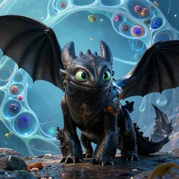 by chet zar and alexander jansson, visually stunning, cinematic, ultra realistic, hyper realism, 1 2 k, epic, octane render, unreal engine, vfx, maya, art deco flowerpunk : umbreon pup, toothless from how to train your dragon, silica cell wall of a diatom ( unicellular alga ) at 3, 0 0 0 x magnification