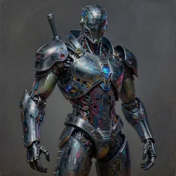 dark cyborg armour made of intricate complex circuitry and microchips, iridescent, warrior assassin, colorful, intricate linework, realistic oil painting, rutkowski, wlop, chebokha, artgerm