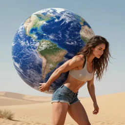 a beautiful muscular woman wearing casual clothes carrying a giant planet Earth on her back, long hair, beautiful, hyperrealistic, concept art, octane render, unreal engine 5, trending on Artstation, high quality, 8K, soft lighting, trending on DeviantArt, highly detailed, high quality, digital art, anatomically correct, five fingers, desert in the background, path traced, complementary colors, natural lighting, epic image