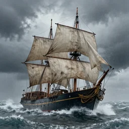 an old sail ship in a massive storm, photo realism