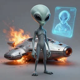 a sad Roswell grey alien standing near his crashed burning spacecraft, a hologram by Alan Bean, featured on zbrush central, hurufiyya, zbrush, polycount, airbrush art
