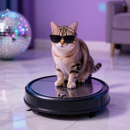 cat wearing sunglasses, cat sitting on top of roomba, reflective marble floor, disco party lights, matrix sunglasses