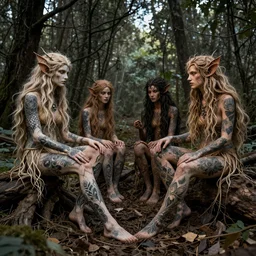 tattooed dryads playing in a dark forest