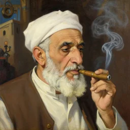 a tunisian old man smoking a cigar in 1 7 th sidi bousaid tunisia, painting by sargent and leyendecker, studio ghibli fantasy close - up shot asymmetrical intricate elegant matte painting illustration hearthstone, by greg rutkowski by greg tocchini by james gilleard