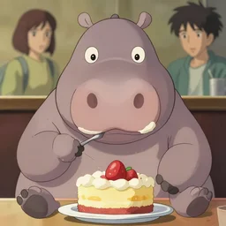 a very fat hippo eating cake, illustration concept art anime key visual trending pixiv fanbox by wlop and greg rutkowski and makoto shinkai and studio ghibli and kyoto animation symmetrical facial features