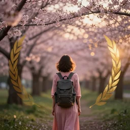 a 2 8 mm macro photo from the back of a woman in pink dress wearing a backpack in front of a blooming cherry tree, seen from a distance, splash art, movie still, bokeh, canon 5 0 mm, cinematic lighting, dramatic, film, photography, golden hour, depth of field, award - winning, anamorphic lens flare, 8 k, hyper detailed, 3