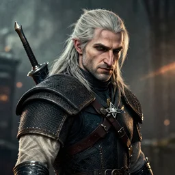 steampunk geralt in the witcher 3, splash art, movie still, detailed face, cinematic lighting, ray tracing, octane render, long lens, shallow depth of field, bokeh, anamorphic lens flare, 8 k, hyper detailed, 3 5 mm film grain