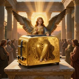a golden toaster with angel wings and a halo, sitting on an altar in an ancient temple at sunset, with rays of light shining down from the sun, surrounded by adoring worshippers, beautifully painted in a renaissance style