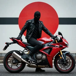 a fascinating and mysterious masked man posing with his motorbike, the Japanese red rising sun in the coming up in background. Badass pose. Photo realistic. Gregory Crewdson. Award winning. Masterpiece, exquisite detail, post processing