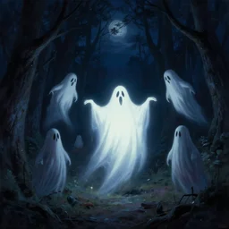 ghosts and ghouls at midnight in the forest. at night. night sky. thomas kinkade. digital painting. marc simonetti. dancing ghost ghoul. michael whelan. mysterious glow. greg rutkowski. scary. creepy. artstation.