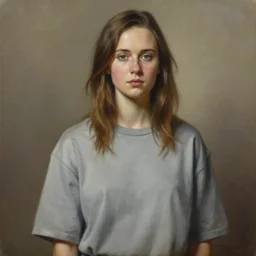 a realistic oil painting of a girl resembling alicia vikander or millie bobby brown in an oversize t - shirt, highly detailed, intricate, artstation, by donato giancola and william adolphe bouguereau