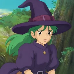 studio ghibli, witch, green haired, purple hat