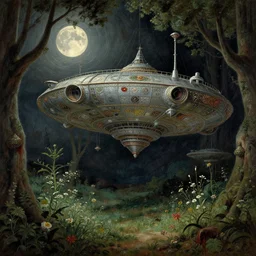 a beautiful but sinister space station in the style of piranesi 1 9 7 0 s, seventies, delicate embellishments, a little blood, woodland, moonlight shining on wildflowers, painterly, offset printing technique, cinematic light, unreal engine by alexandre cabanel