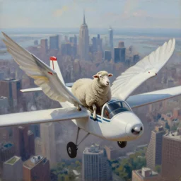 sheep riding on a small aircraft with flapping wings in the sky, manhattan aerial view backdrop, oil on canvas, cinematic lighting, high detail