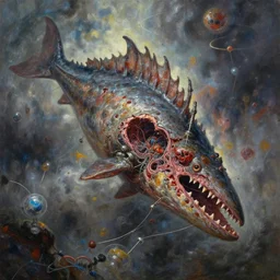 oil painting of chemical mech blasted helicoprion, eviscerated by wires, surrounding with serosal atomic sky hellstorm, epic fine art painting, cinematic, in style of wayne d barlowe