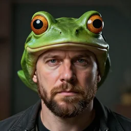hyperrealistic mixed media image of info wars alex jones ( bullfrog head ), stunning 3 d render inspired art by xiang duan and thomas eakes and greg rutkowski, perfect facial symmetry, hyper realistic texture, highly detailed realistic attributes and atmosphere, dim volumetric cinematic lighting, 8 k octane render, post - processing, masterpiece,