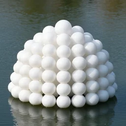 many white spheres are stacked together to form a round cloud structure, which is designed by antti lovag on the calm water surface