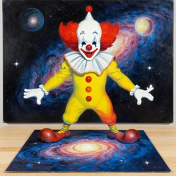 Clown in space overseeing the galaxy by Gerald Brom and Andy Warhol, painting on table